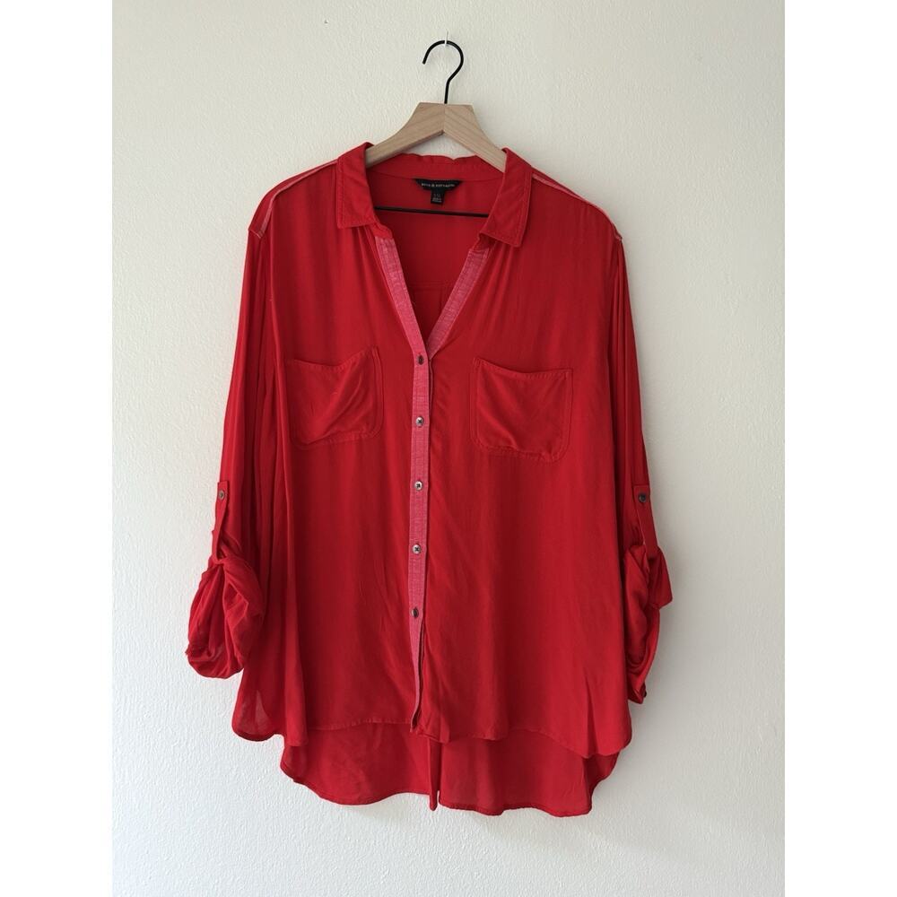 Medium ROCK & REPUBLIC Long Sleeve Button Down Red Shirt-Drapey Roll Cuff Sz XXL